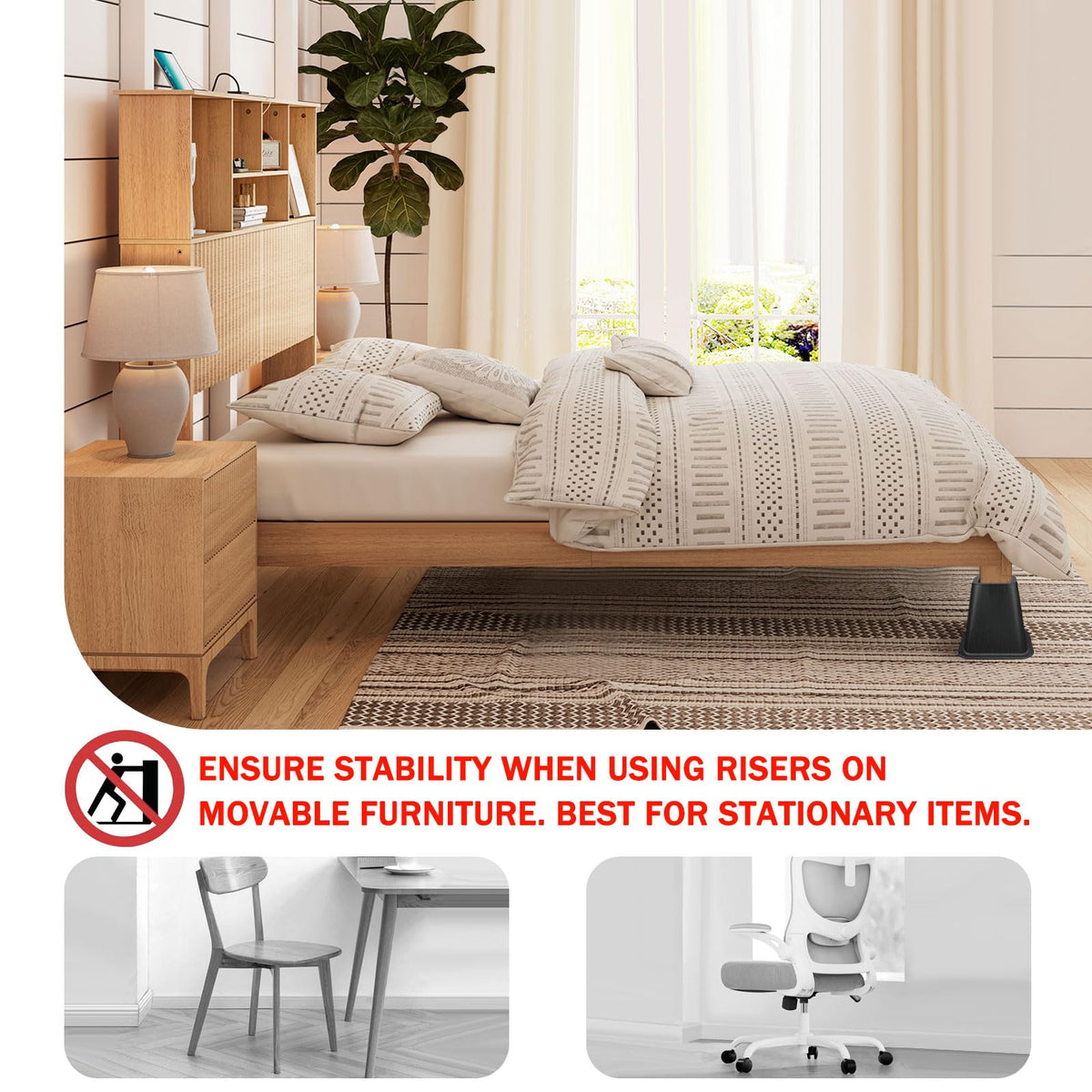 ANNKUT bed risers in use proving stability and floor protection.