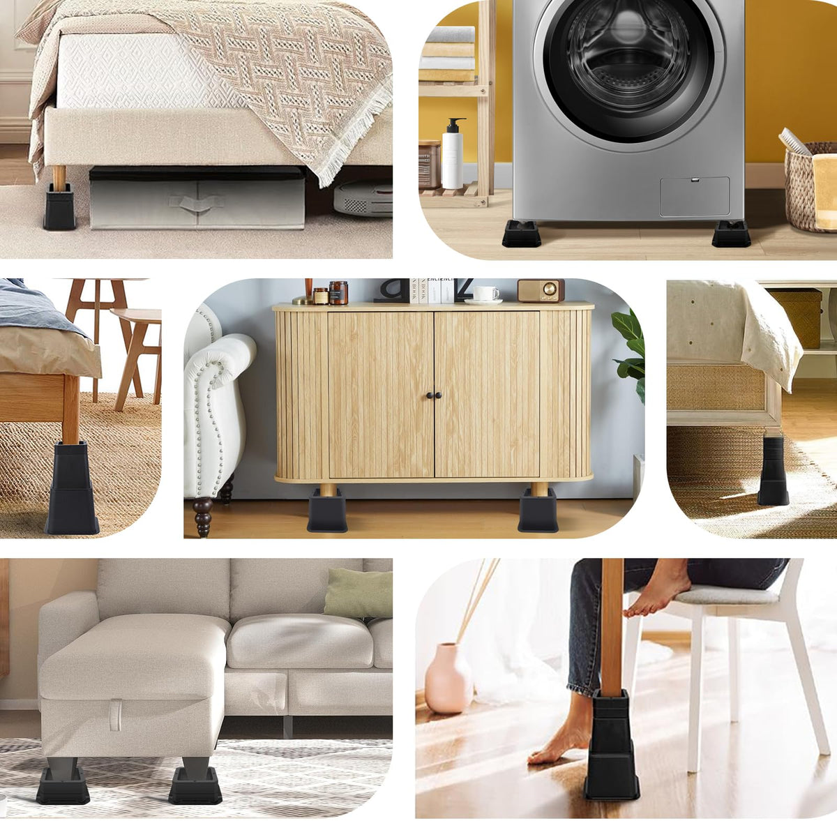 ANNKUT bed risers compatible with furniture legs up to 2.8 by 2.8 inches.