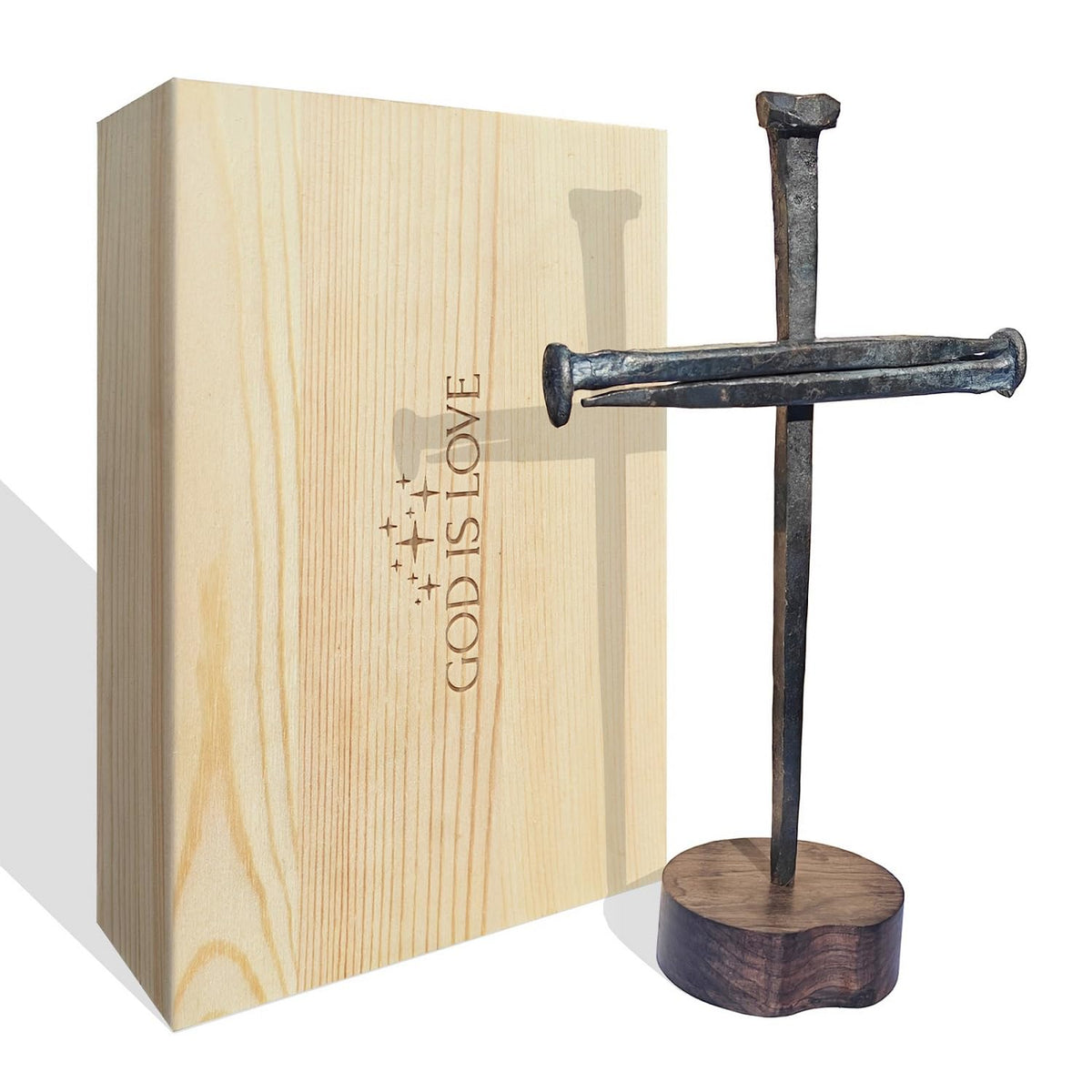 Annrose crucifix nail metal cross on tabletop display for sacred décor