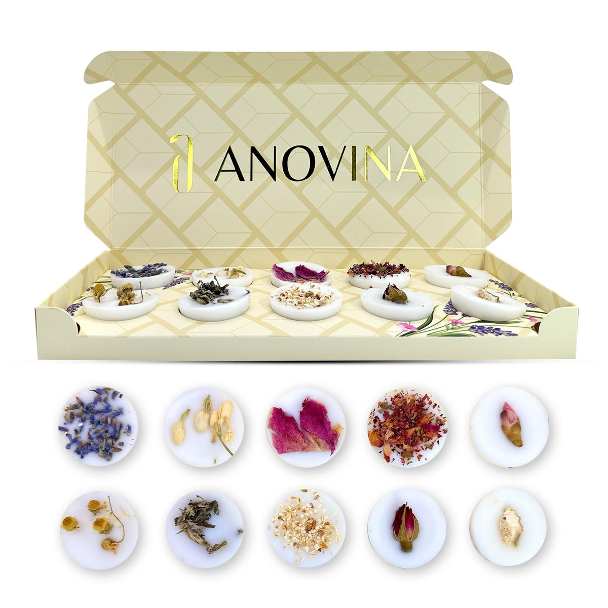 Anovina wax melts gift set with botanical-topped adornments, ideal for gifting.