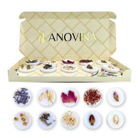 Anovina wax melts gift set with botanical-topped adornments, ideal for gifting.