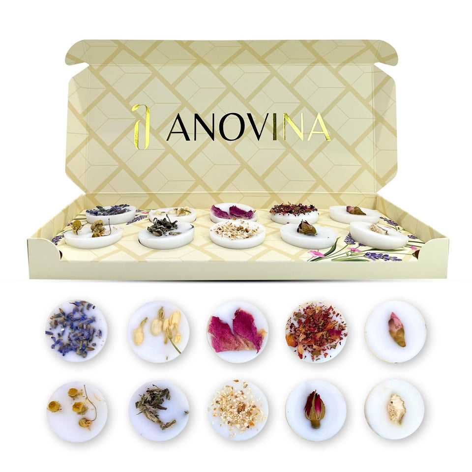 Anovina wax melts gift set with botanical-topped adornments, ideal for gifting.