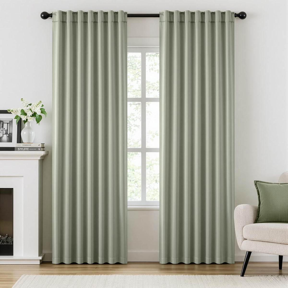 ANRODUO sage green rod-pocket pleated curtains with 84in length and two panels for a clean look
