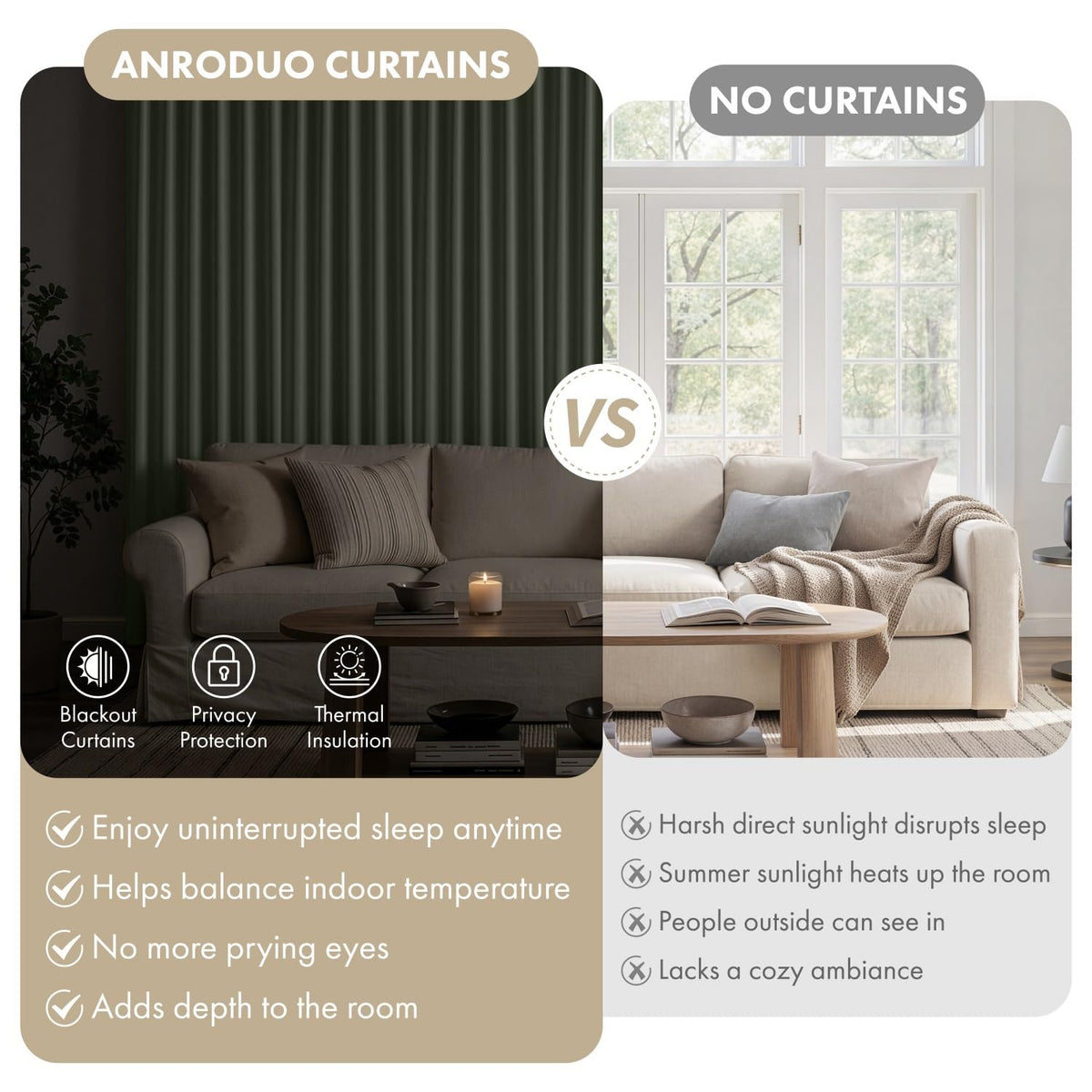 ANRODUO triple-weave blackout fabric reduces glare and enhances privacy