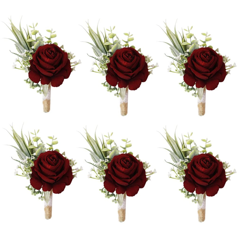 Ansofi wine-red boutonniere close-up shows handcrafted petals for wedding details