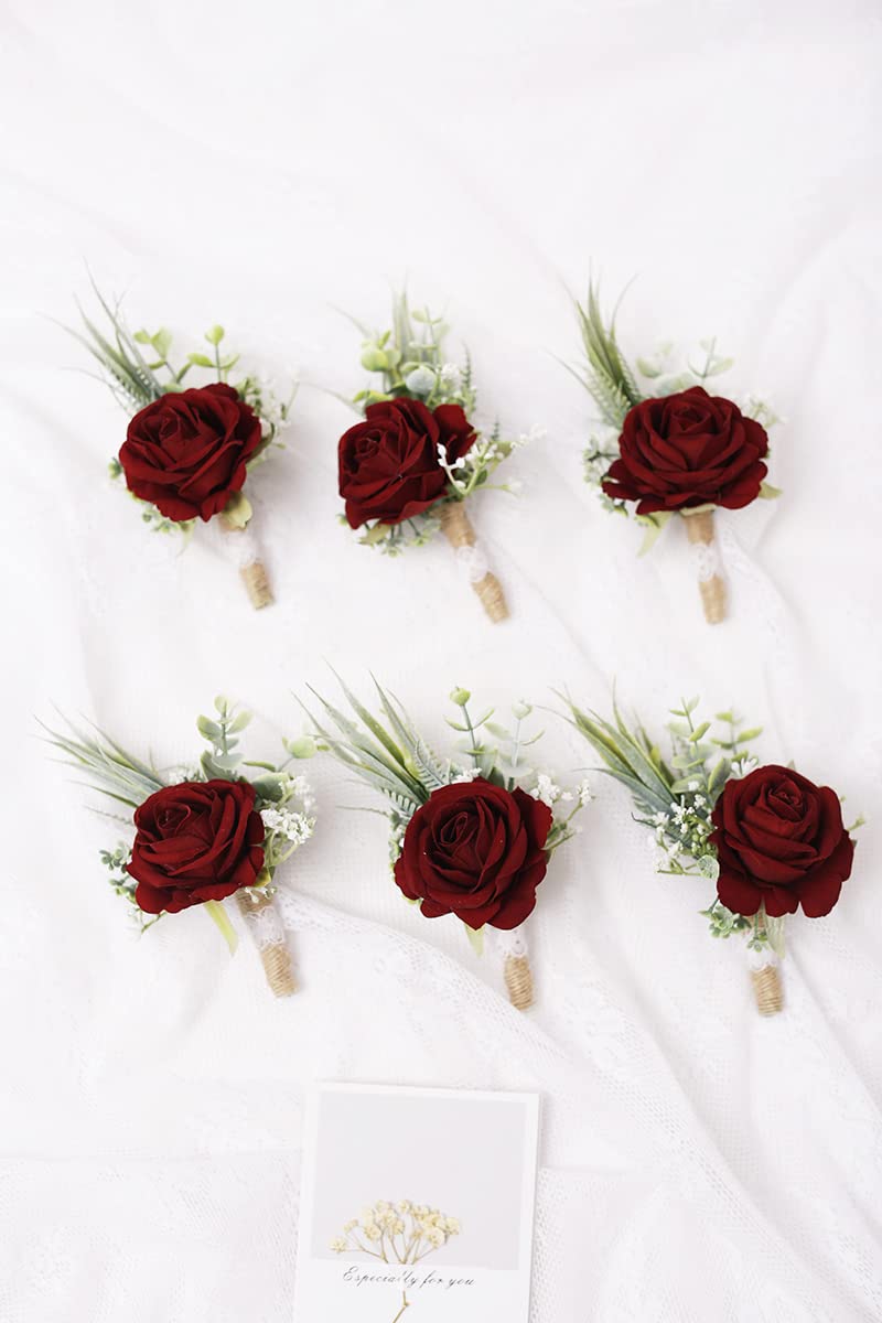 Ansofi wine-red boutonniere worn on a suit for elegant wedding accessory