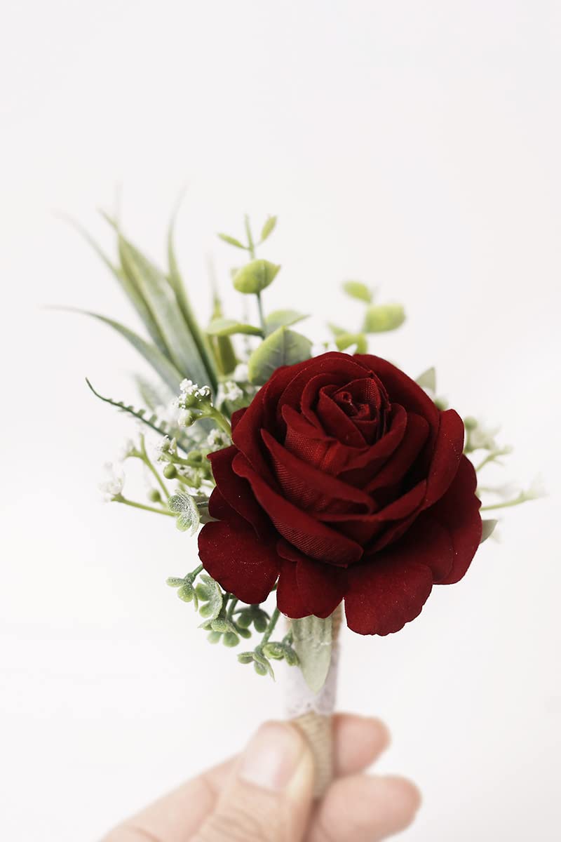 Ansofi wine-red boutonniere six-pack display for coordinated event styling