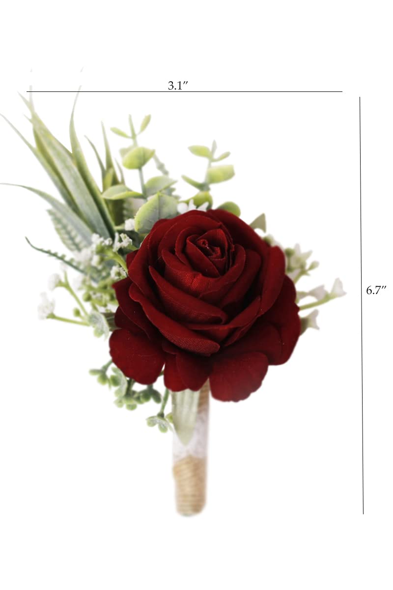 Ansofi wine-red boutonniere side view highlights height and width
