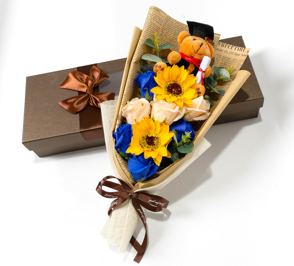 Ansuma graduation soap bouquet with roses and sunflowers; lasting fragrance for keepsake memories.