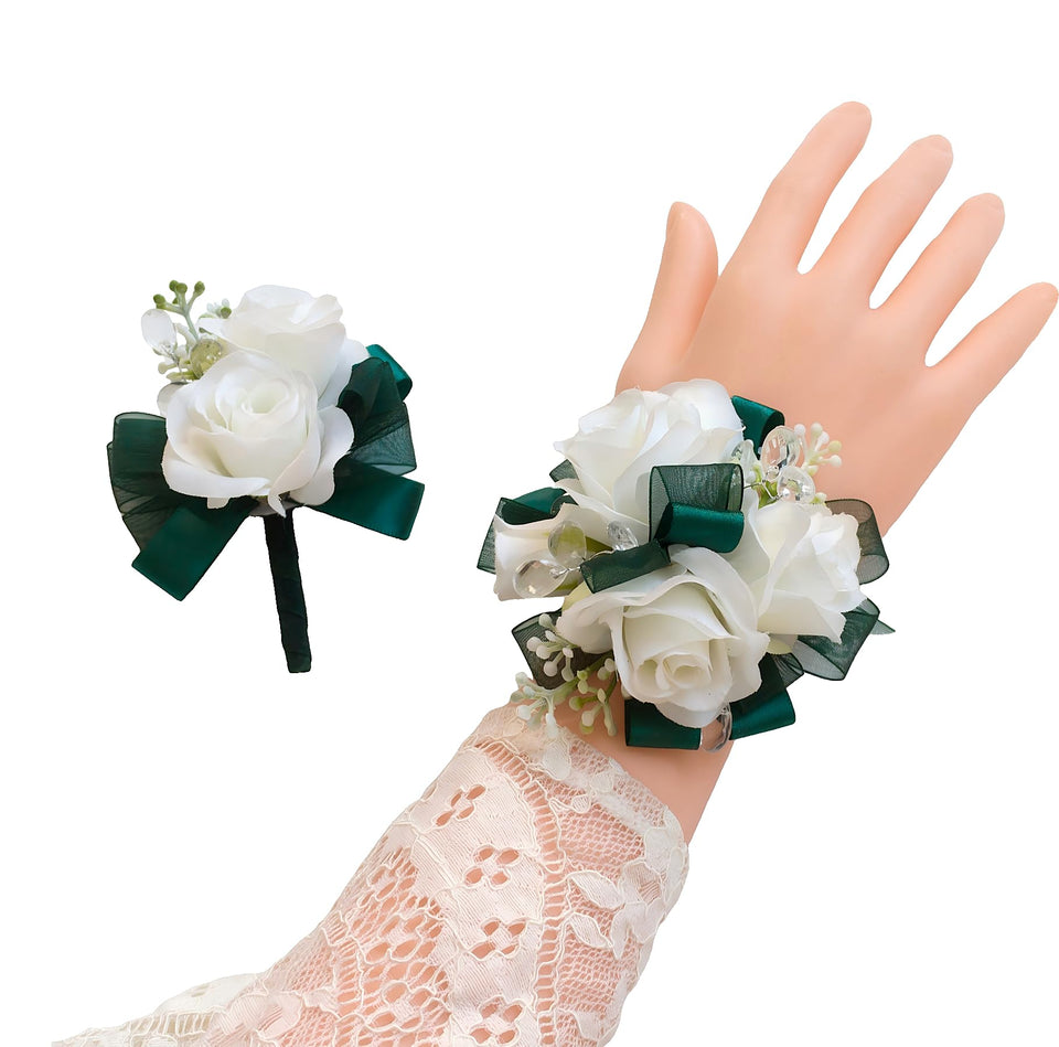 Ansuma Ivory Rose Wrist Corsage close-up with lace bow and rhinestone sparkle.