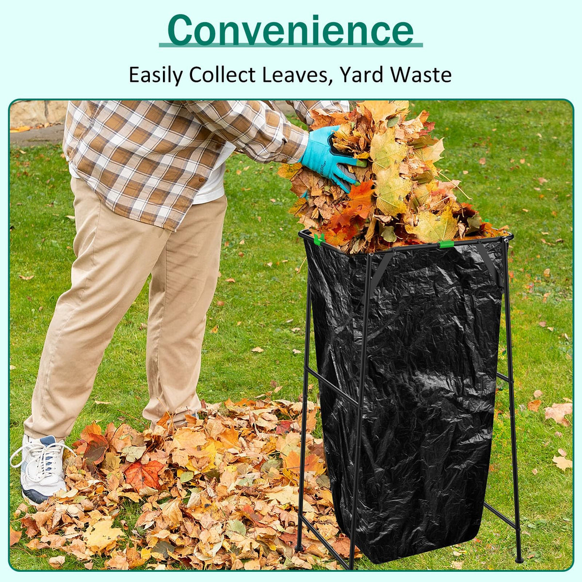 Anteqi garden trash bag holder with four clips secures bags during leaf collection.