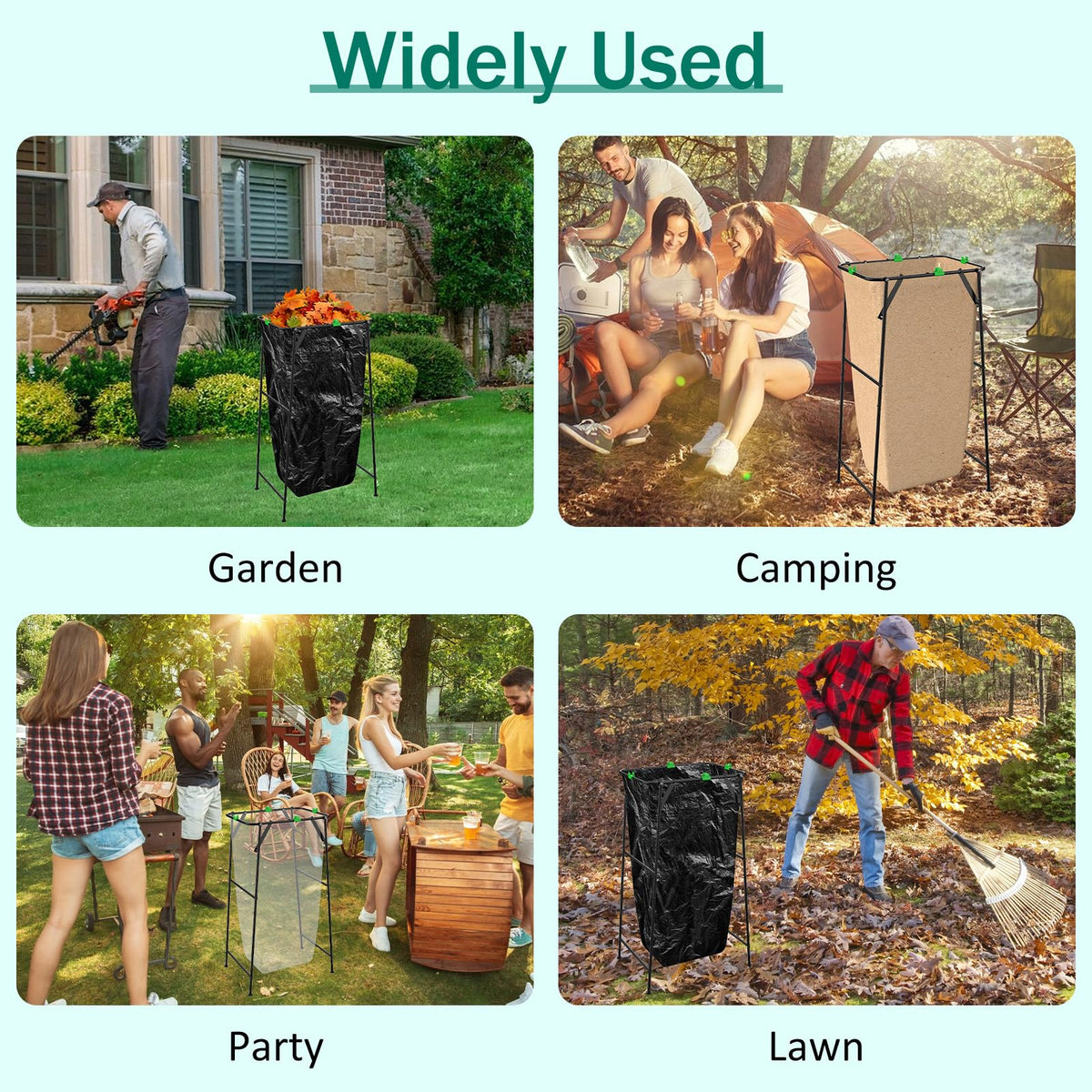 Anteqi versatile trash bag holder for wide applications like lawn, garage, and parties.