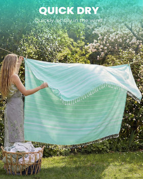 Antfuny portable beach blanket folded beside a backpack for travel