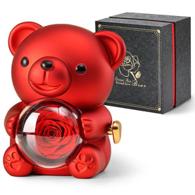 Anthonic cute teddy bear with preserved rose in gift box, romantic keepsake.