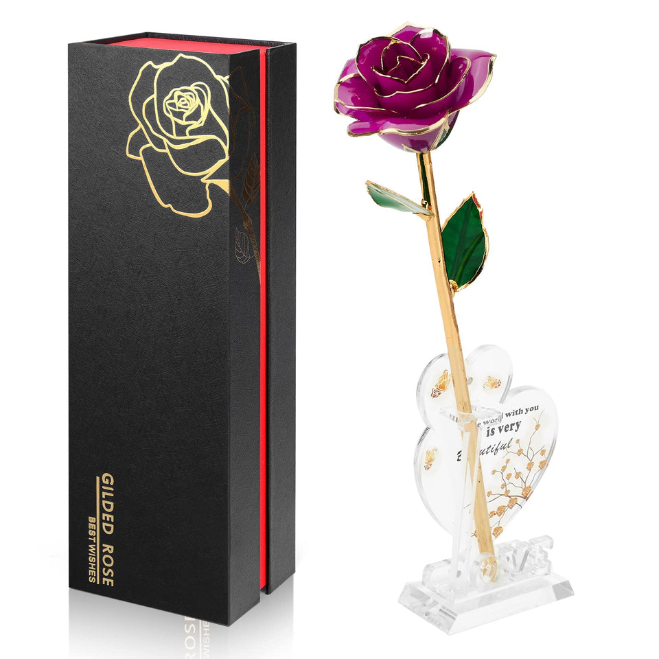 Anthonic gold-dipped infinity rose purple in a luxurious display for gifting.