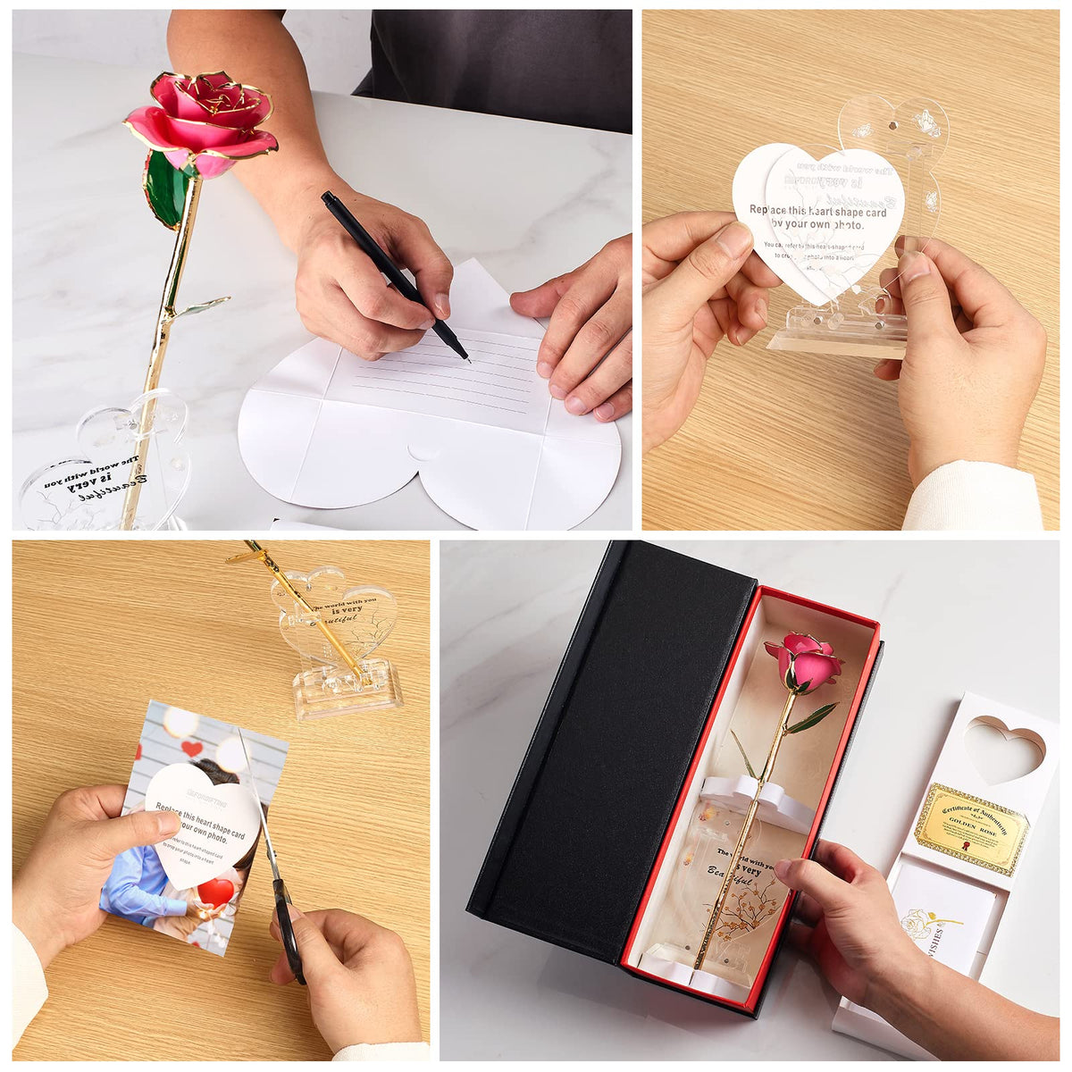 Anthonic resin preserved rose in clear holder with pink petals for stable display.