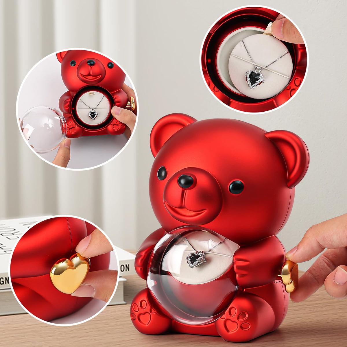 Anthonic bear reveals hidden jewelry box behind the clear rose cover.
