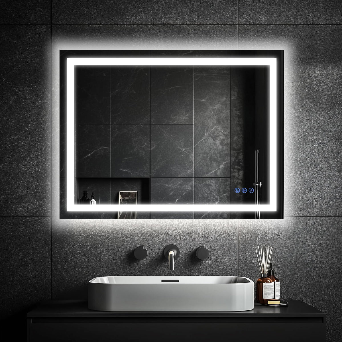Antok 24x36 LED bathroom mirror with backlit and frontlit illumination for even makeup lighting