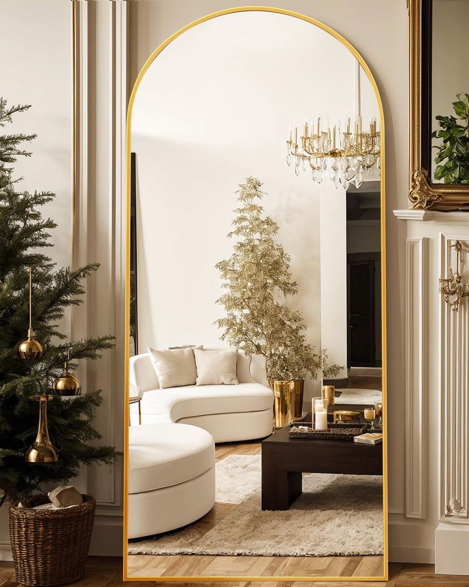 Antok 76x34 arched full-length mirror with gold frame for elegant room styling and full-body view