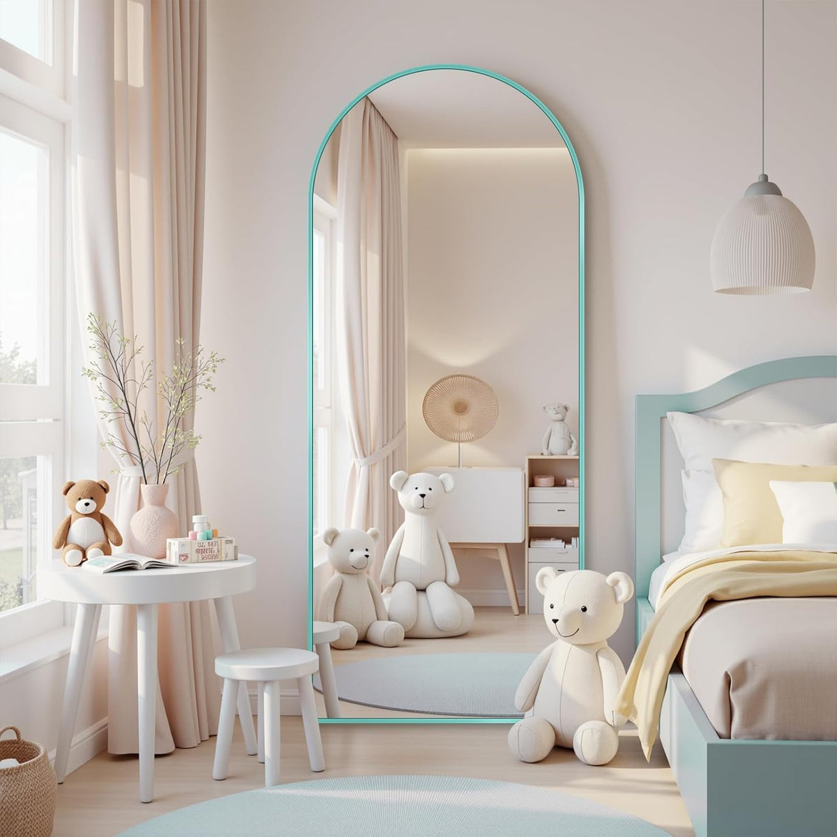 Antok arch mirror with blue aluminum frame shown in a modern bedroom for outfit checks.