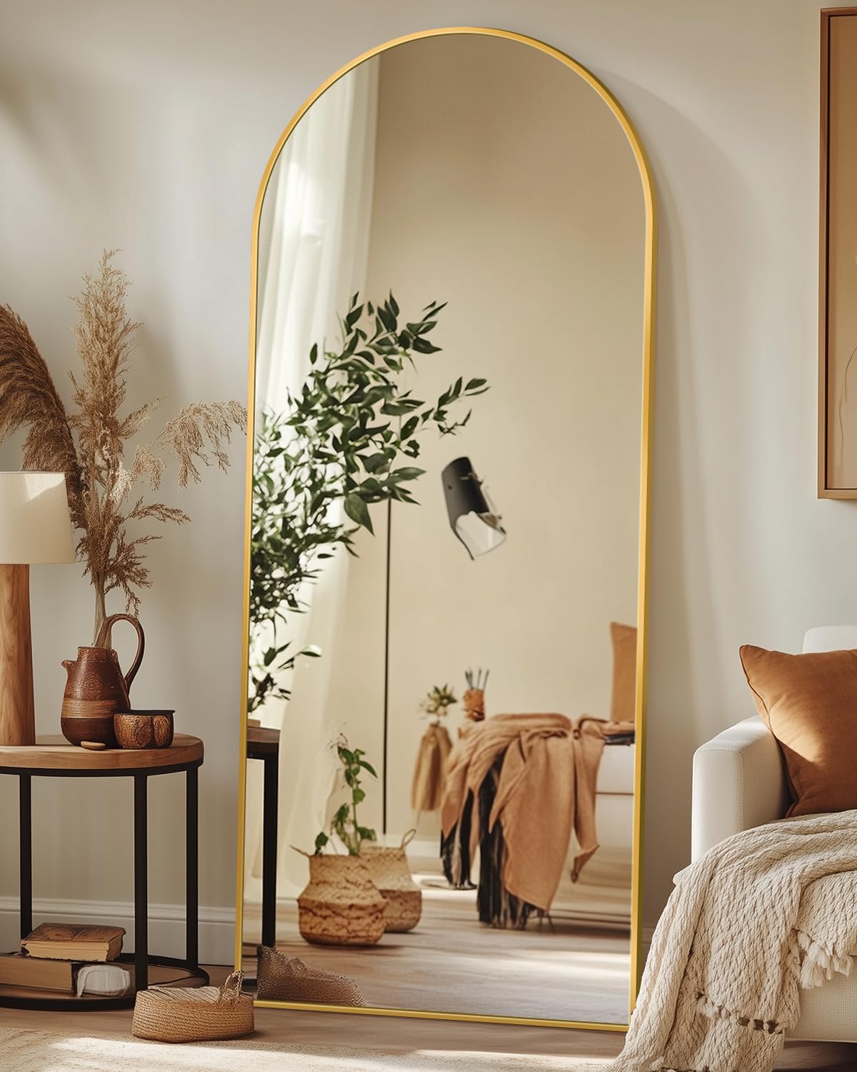 Antok leaning gold-frame mirror suits flexible room layouts