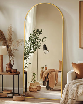 Antok leaning gold-frame mirror suits flexible room layouts