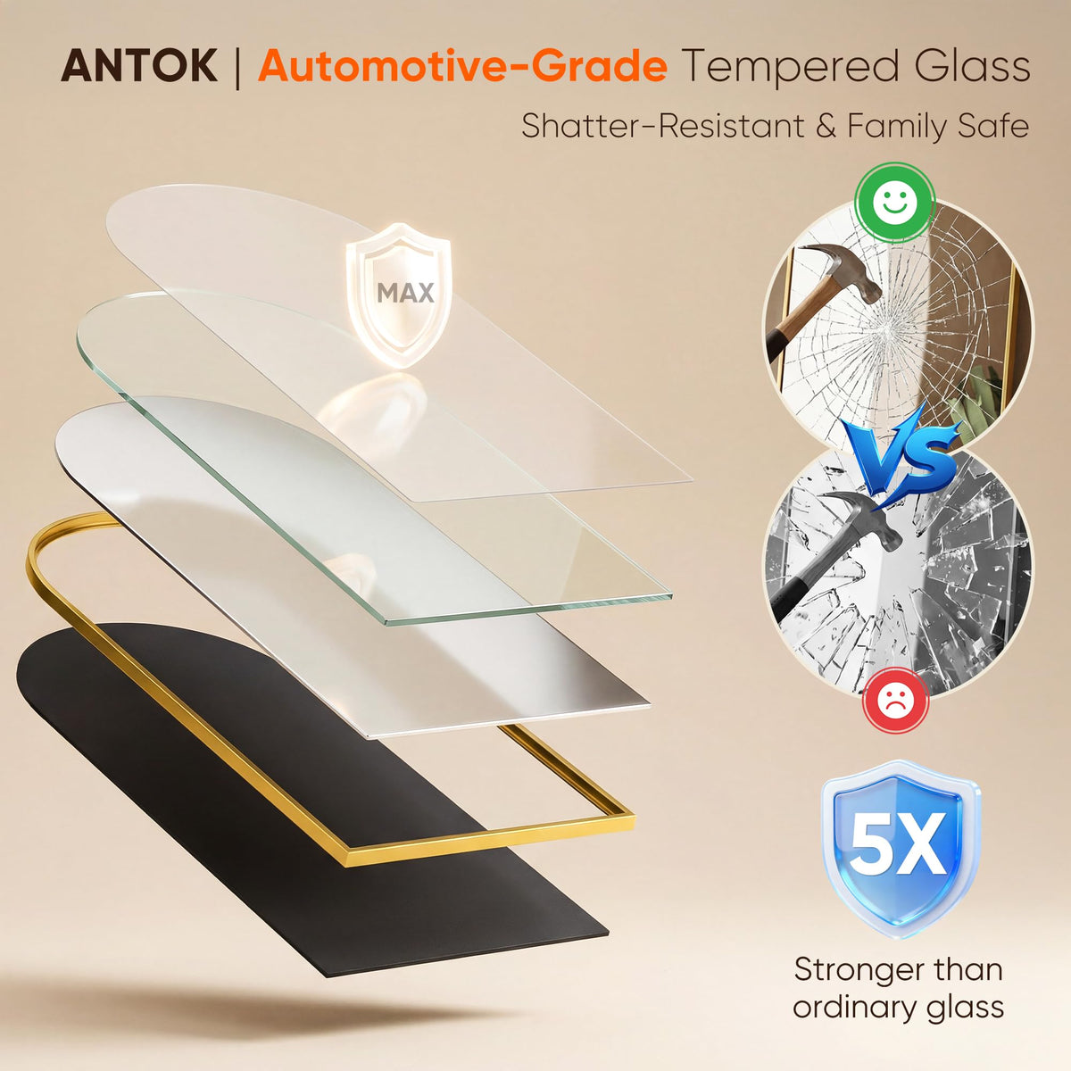 Antok aluminum frame resists rust and keeps a sleek look in humid spaces.