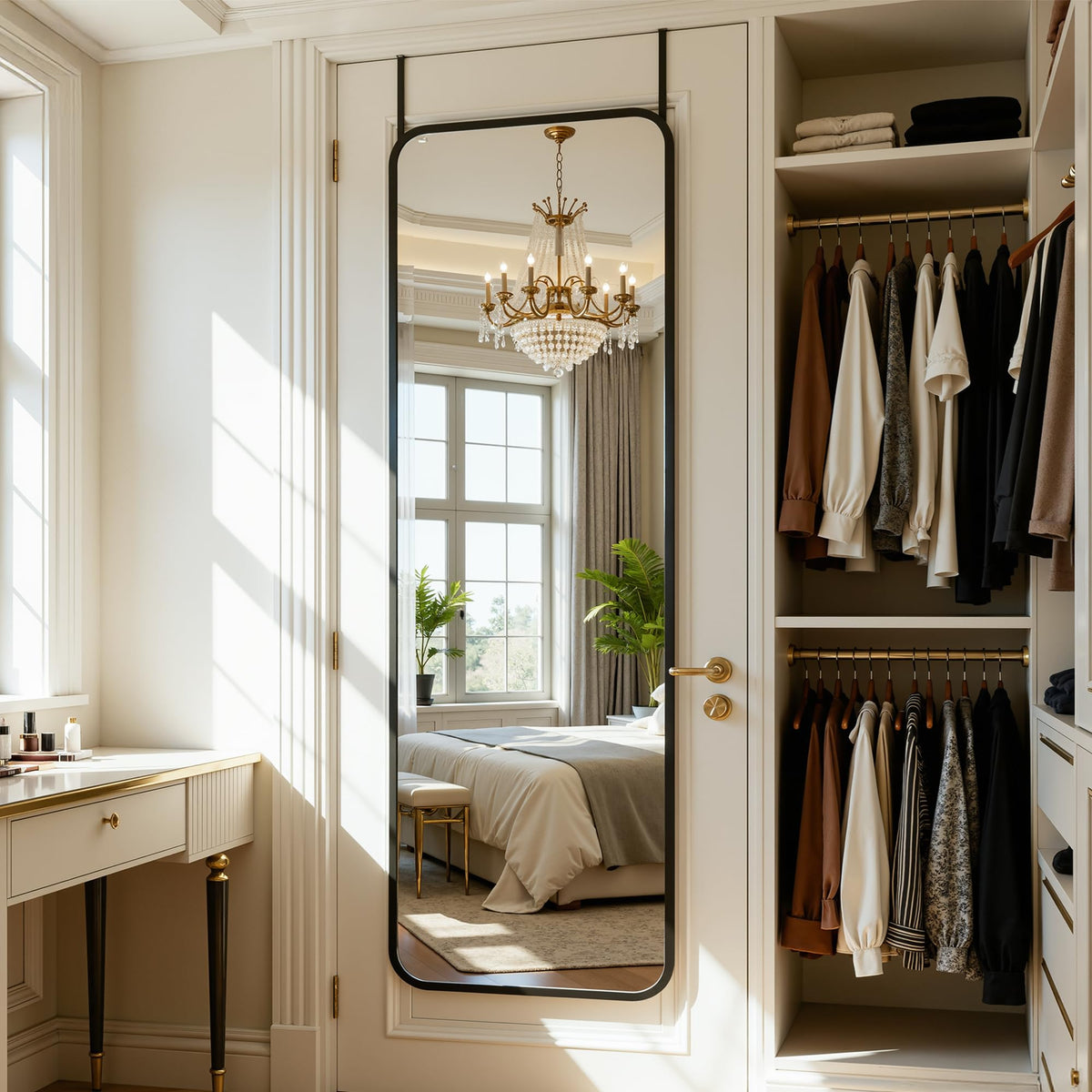 Antok freestanding mirror with included stand fits living rooms or dorms.