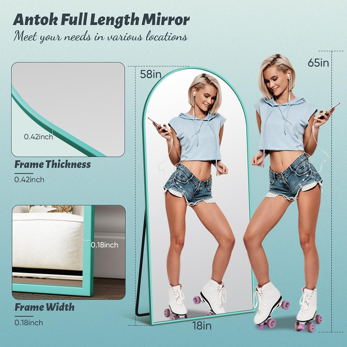 Antok freestanding mirror with included stand suitable for flexible room layouts.