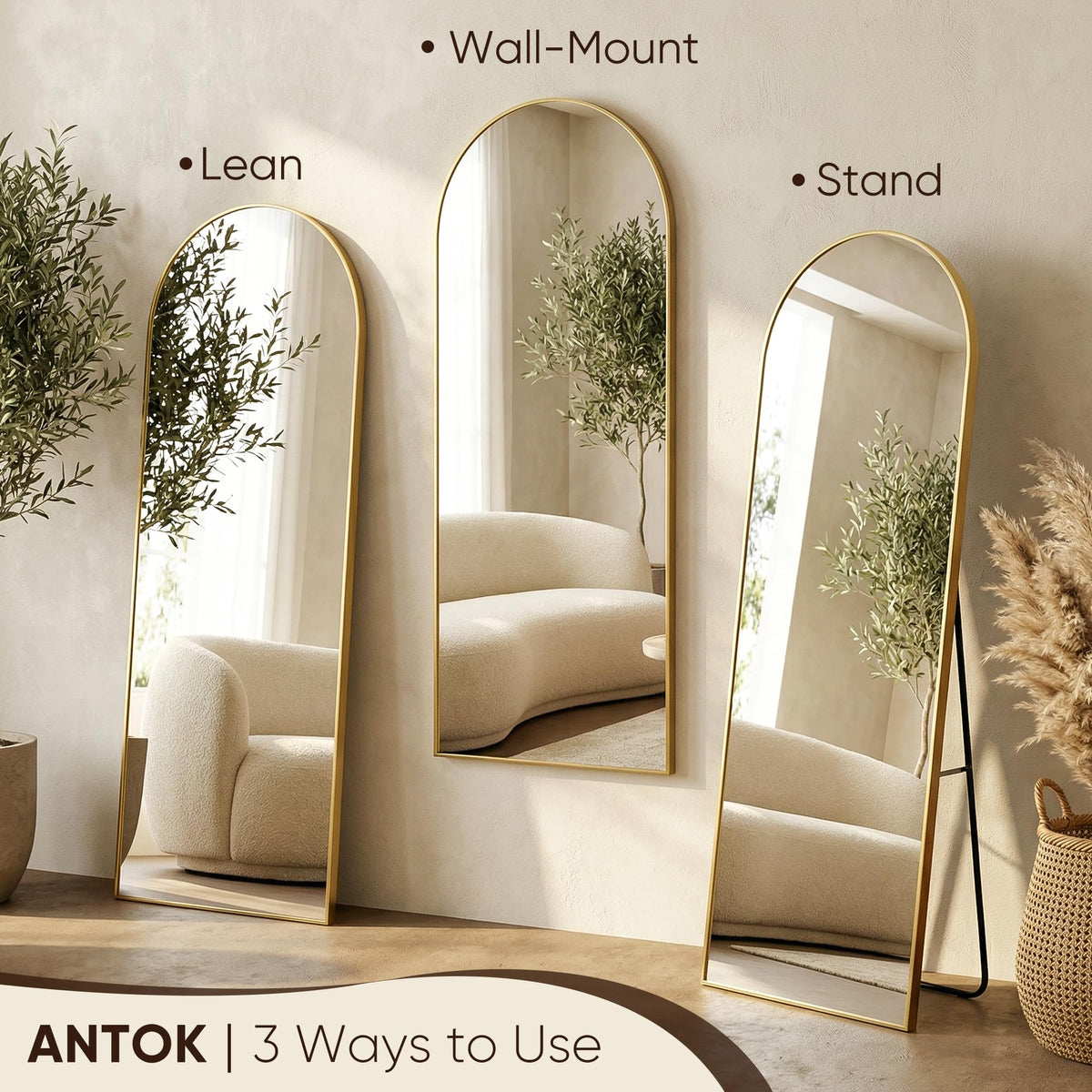 Antok leaning mirror with gold frame suits modern interiors and quick outfit checks