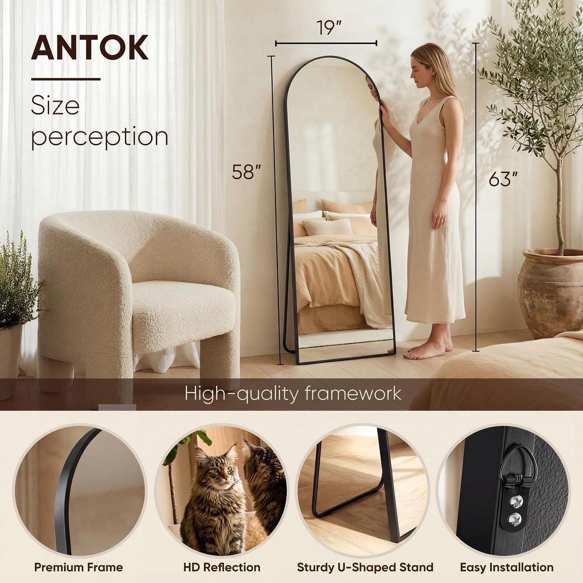 Antok wall-mounted arched mirror for space-saving installation.