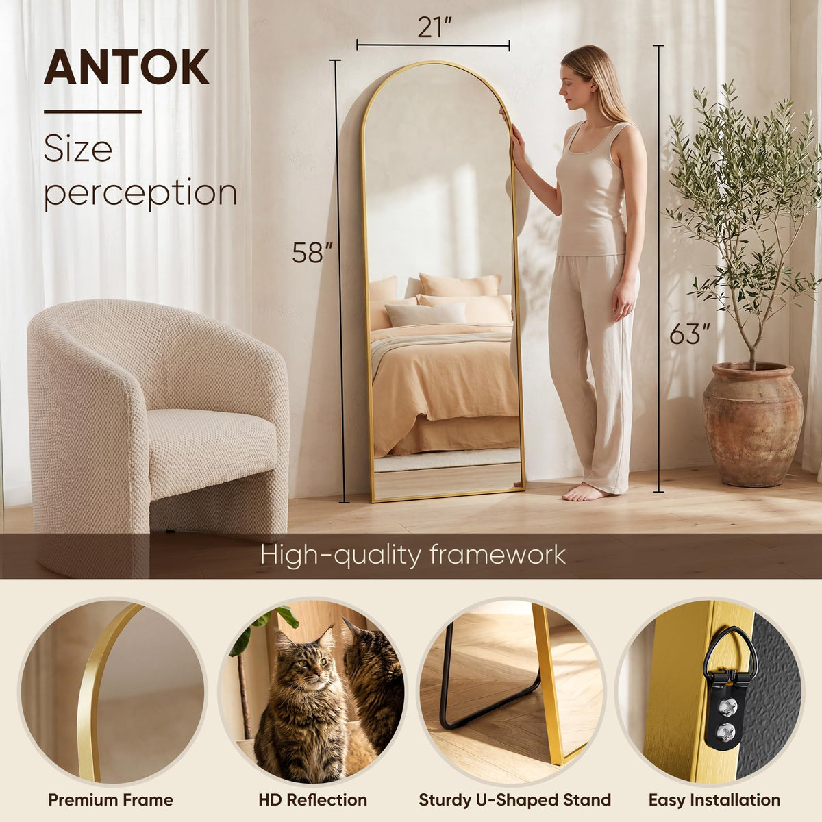 Antok arch-top mirror designed for wall mounting or leaning placements.
