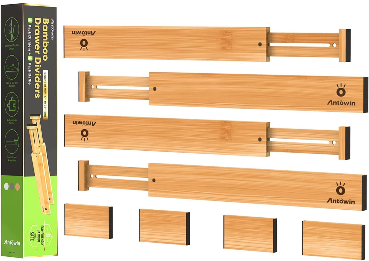 ANTOWIN bamboo drawer divider extended to 22 inches for flexible storage.
