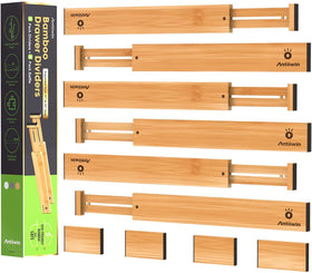 ANTOWIN bamboo drawer divider extended to fit longer drawers for versatile storage.