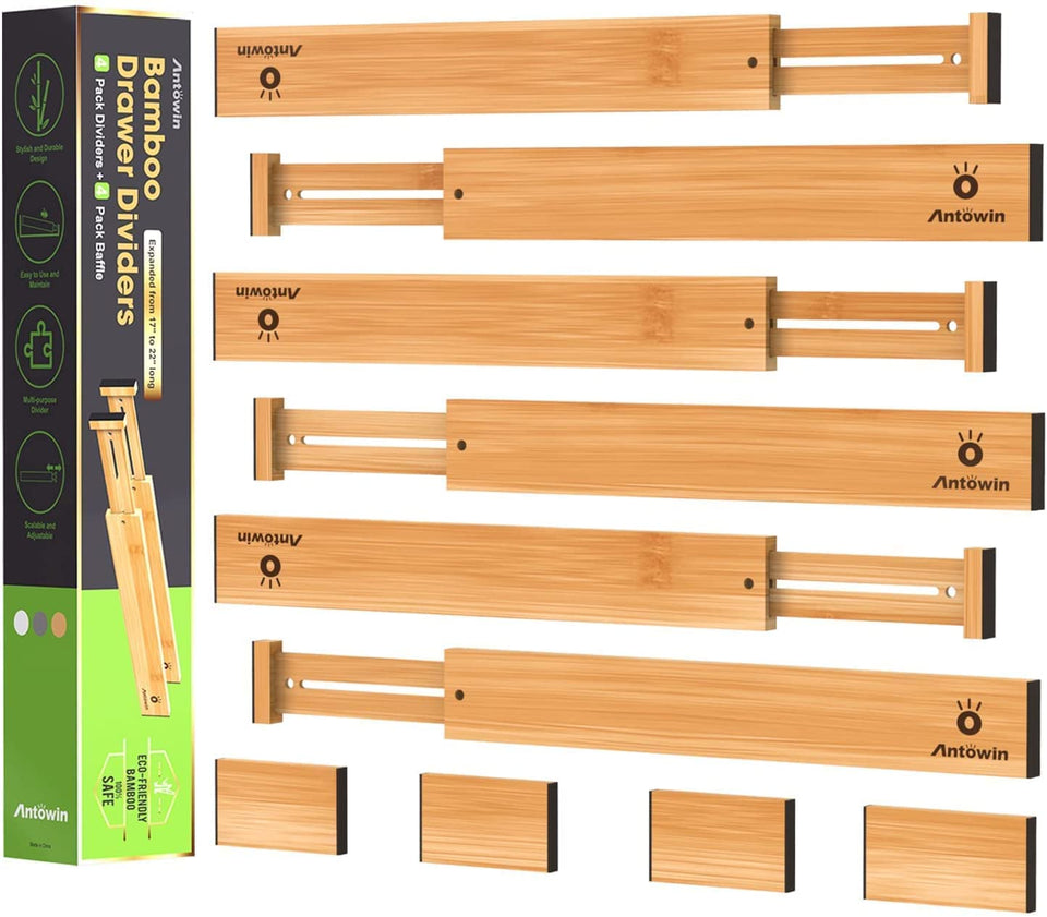 ANTOWIN bamboo drawer divider extended to fit longer drawers for versatile storage.