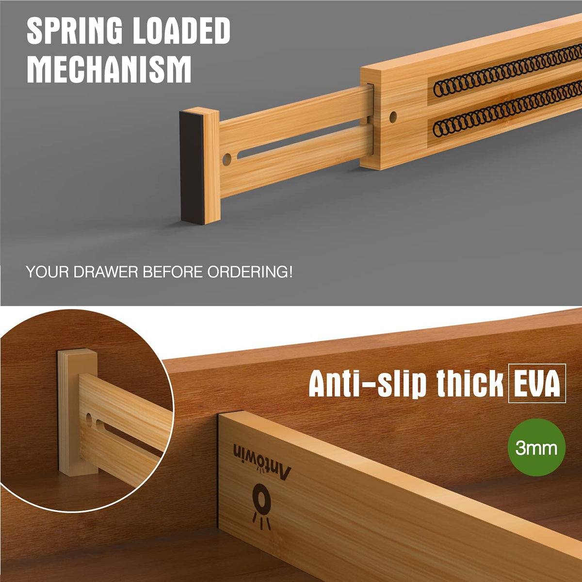 ANTOWIN bamboo drawer divider with spring-loaded mechanism for quick setup.
