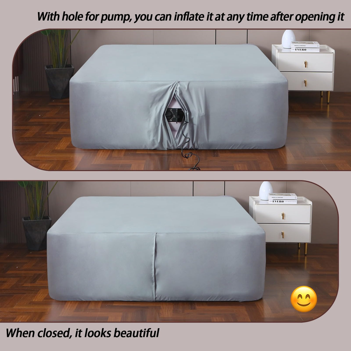 Antranfour Queen fitted sheet with hidden pump opening for inflation without removal.