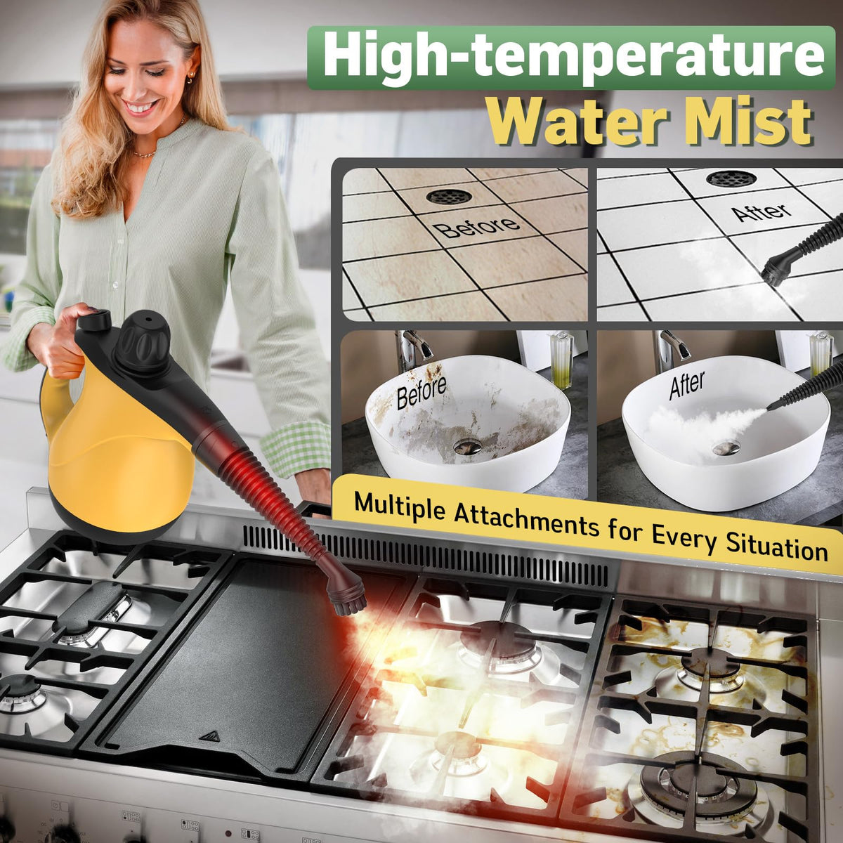 Antrango steam cleaner on a stovetop removing grease and grime