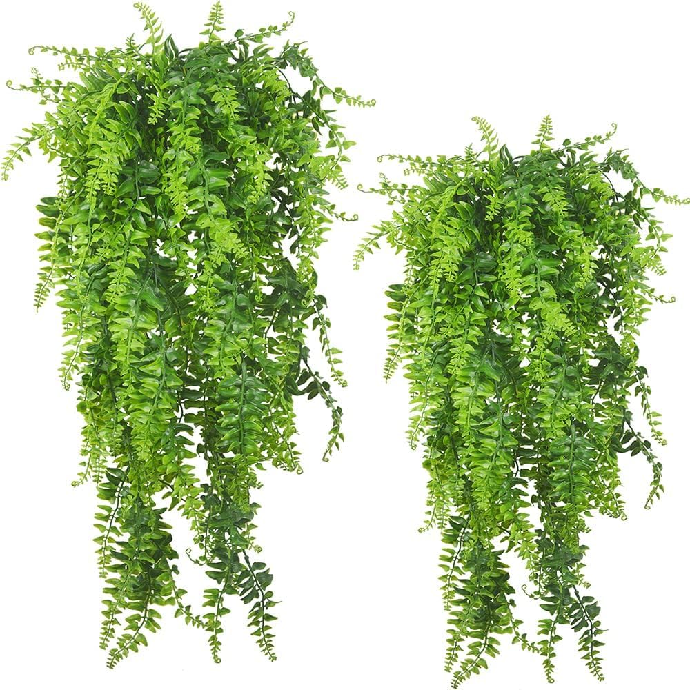 Antspirit 6-pack artificial hanging ferns for outdoor use with UV resistance and vibrant greenery.