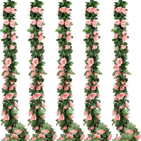 Antspirit pink rose garland closeup with 16 silk flowers for vibrant decor