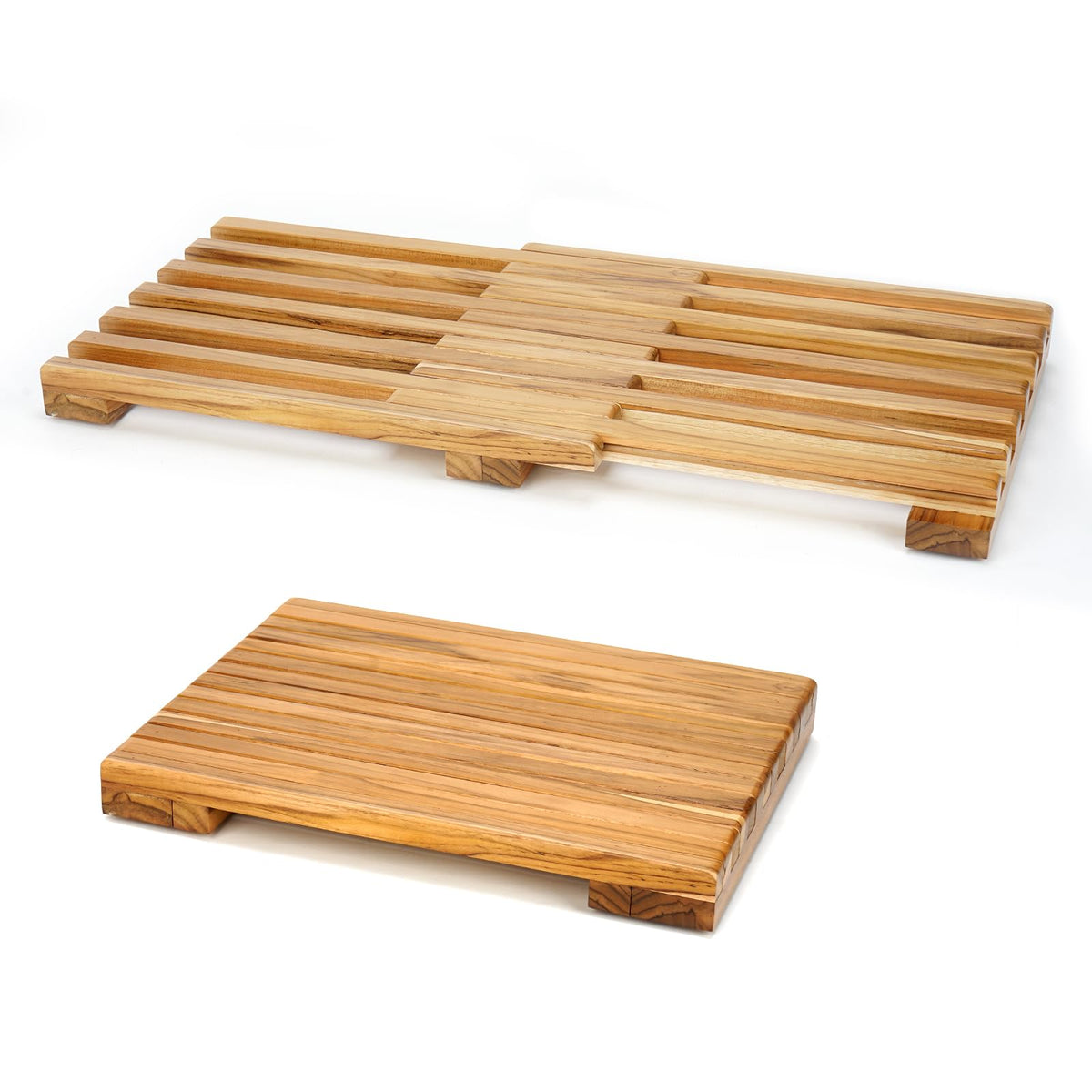 Anyprime Teak Shower Mat shows adjustable length for a perfect fit.