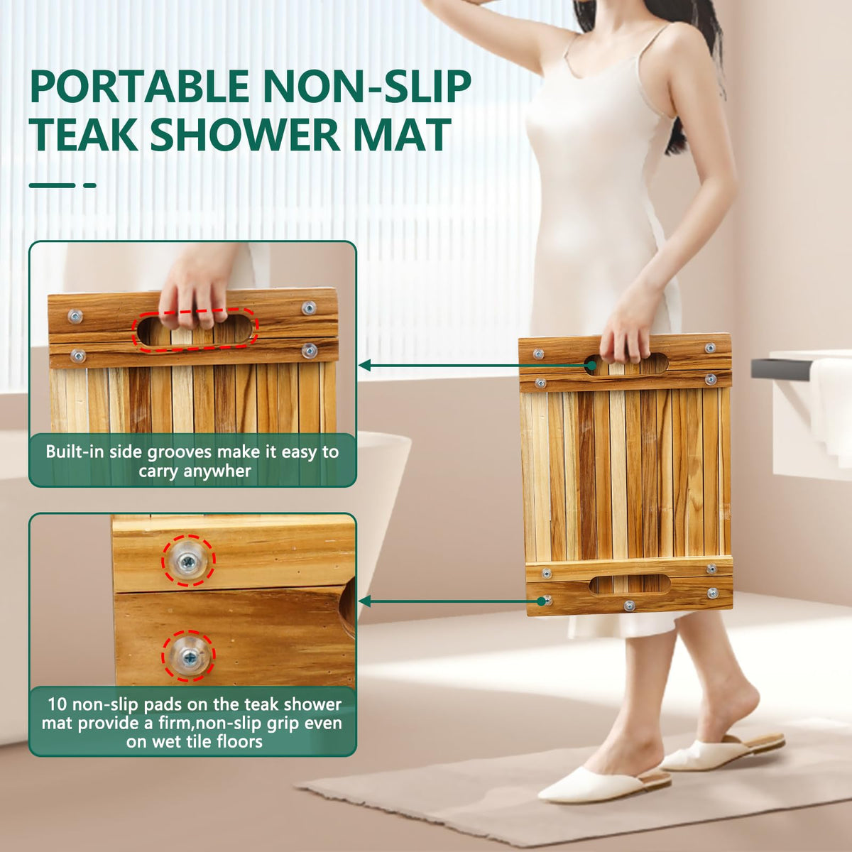 Anyprime Teak Shower Mat emphasizes durable oil-finished wood in humid spaces.
