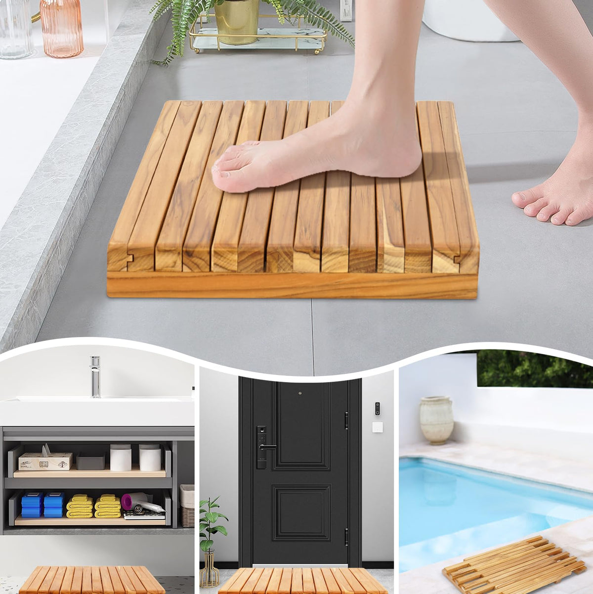 Anyprime teak mat used indoors and outdoors for versatile use scenarios.