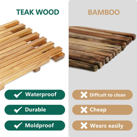 Anyprime teak mat demonstrates portable design with built-in side grooves for easy transport.