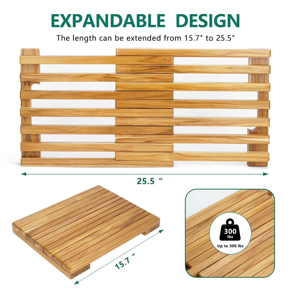 Anyprime teak bath mat features slip-resistant pads for safe footing on wet floors.