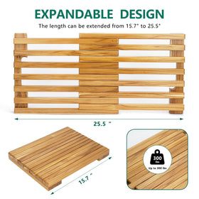 Anyprime teak bath mat features slip-resistant pads for safe footing on wet floors.