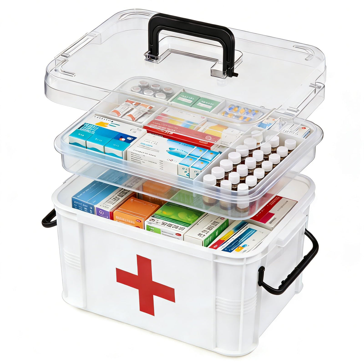 ANYPROLUS 15QT clear medicine organizer with handle for easy access and transport.