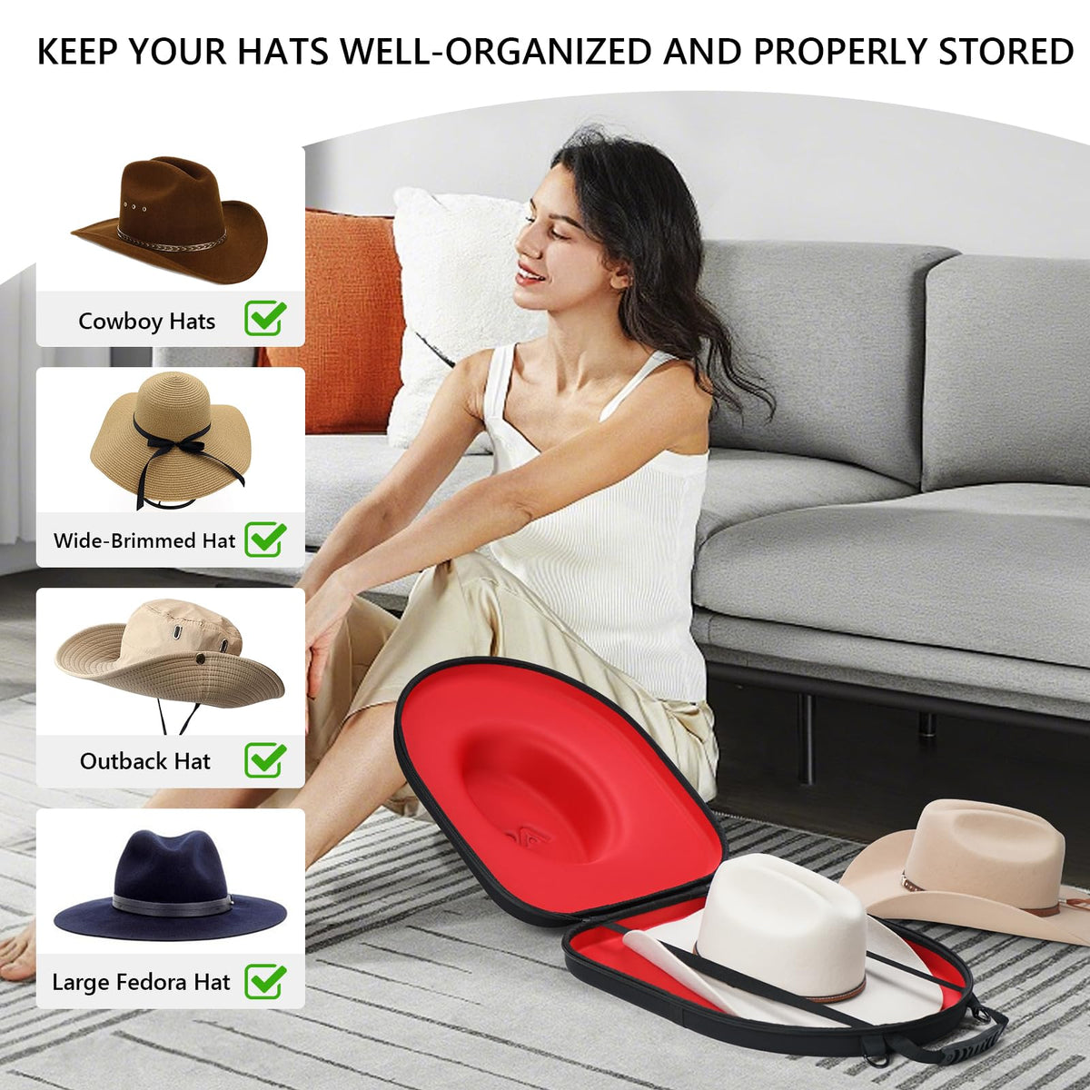 Anysiny Cowboy Hat Box with luggage strap keeps hats organized on trips