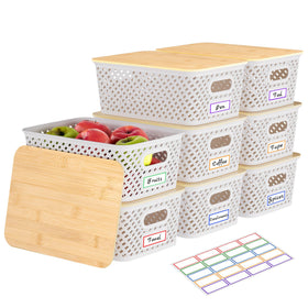 Anysig 8-pack plastic storage bins with bamboo lids for versatile shelf organization.
