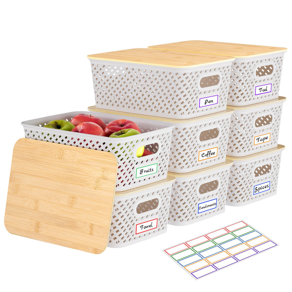 Anysig 8-pack plastic storage bins with bamboo lids for versatile shelf organization.